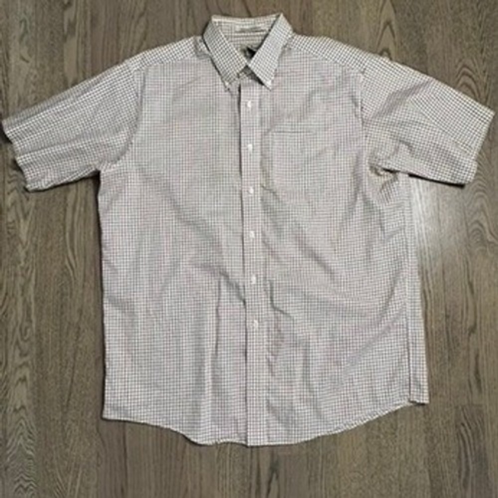 L.L. Bean Mens Large Regular Fit Red & Cream Plaid Checkered Button Up S/S Shirt